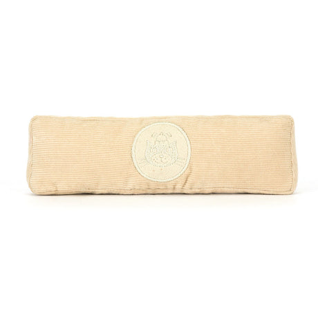 Soft beige corduroy fabric ruler with a circular stitched emblem in the center,  the Amuseables Ruler. 
