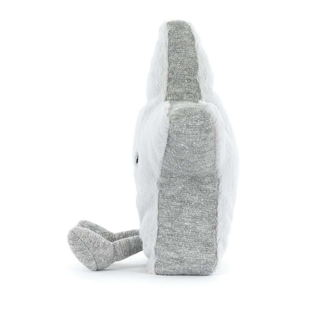 Side view of Amuseables Silver Star plush toy showing its soft white fur and glittery silver fabric details on the feet, designed as a fun kids plush stuffed toy.