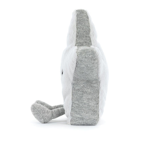Side view of Amuseables Silver Star plush toy showing its soft white fur and glittery silver fabric details on the feet, designed as a fun kids plush stuffed toy.