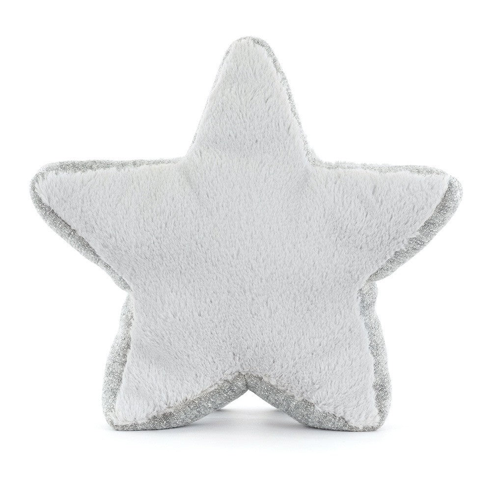 Soft plush star-shaped toy in white and silver tones, designed as Amuseables Silver Star, perfect for cozy décor or as a kid's gift.