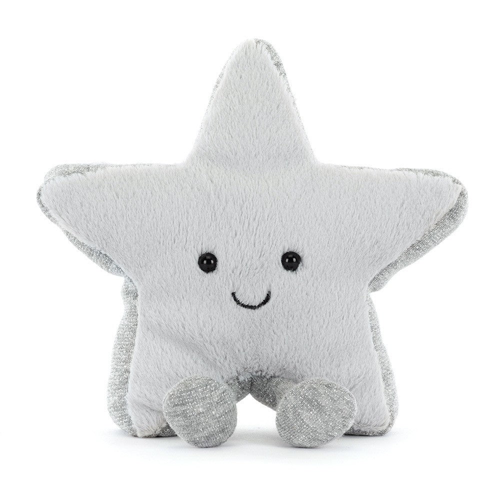 Soft plush toy in the shape of a smiling star with gray feet, named Amuseables Silver Star, perfect as a cuddly companion for kids and a charming addition to any toy collection.