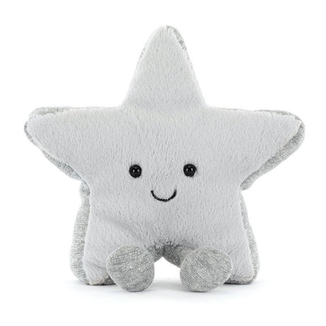 Soft plush toy in the shape of a smiling star with gray feet, named Amuseables Silver Star, perfect as a cuddly companion for kids and a charming addition to any toy collection.