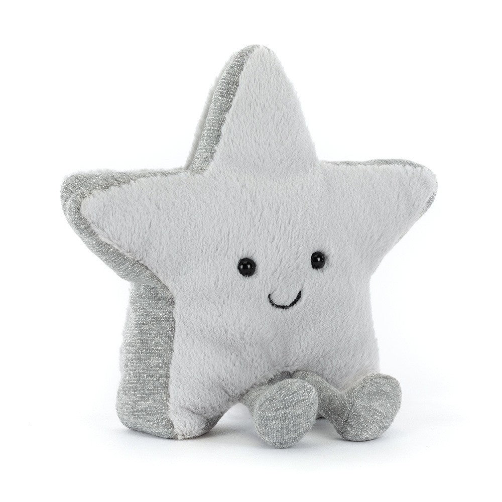 Soft plush star-shaped toy with a smiling face and silver accents, designed as the Amuseables Silver Star, perfect for cuddling and play.