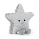 Soft plush star-shaped toy with a smiling face and silver accents, designed as the Amuseables Silver Star, perfect for cuddling and play.