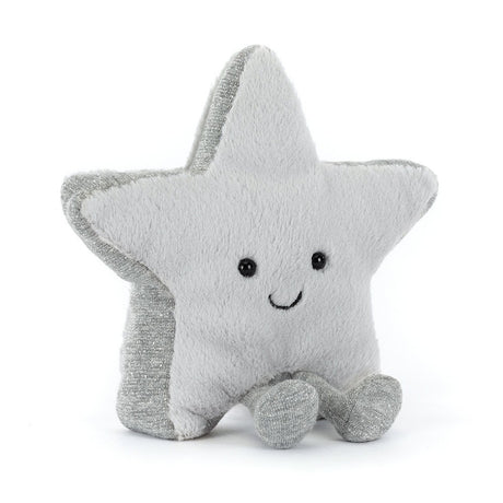 Soft plush star-shaped toy with a smiling face and silver accents, designed as the Amuseables Silver Star, perfect for cuddling and play.