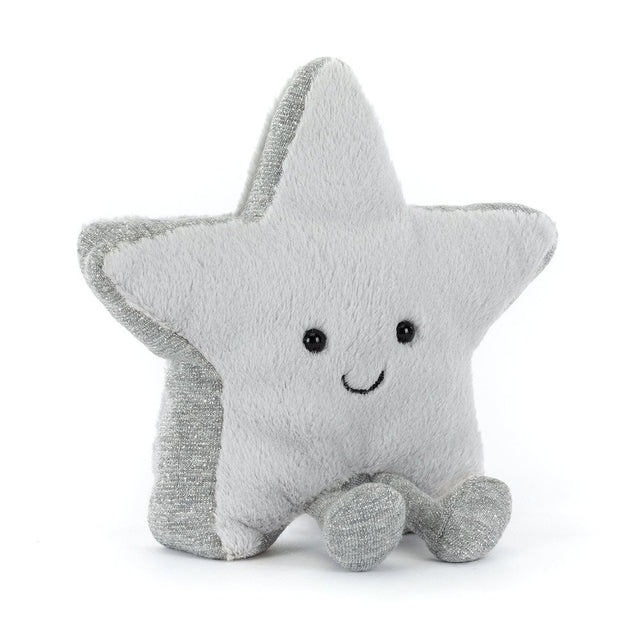Soft plush star-shaped toy with a smiling face and silver accents, designed as the Amuseables Silver Star, perfect for cuddling and play.