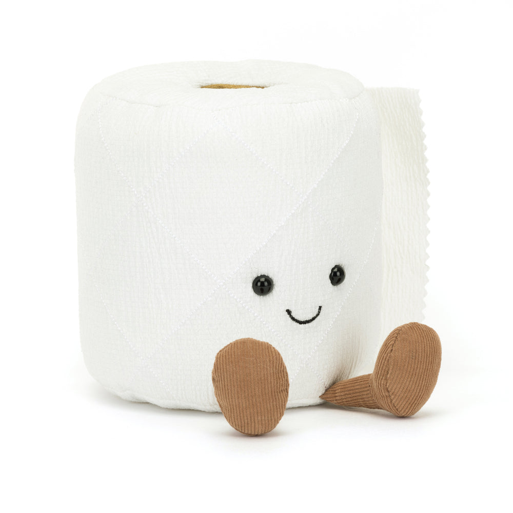 Soft plush toy resembling a smiling white toilet roll with brown feet, designed as part of the Toilet Roll Amuseables collection for playful and whimsical fun.