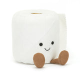 Soft plush toy resembling a smiling white toilet roll with brown feet, designed as part of the Toilet Roll Amuseables collection for playful and whimsical fun.