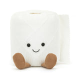 Soft plush toy shaped like a smiling toilet roll with cute brown feet, part of the Toilet Roll Amuseables collection, perfect as a playful kid's gift or plush.