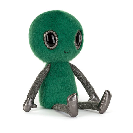 Zyllan Alien green plush toy with black eyes on a white background