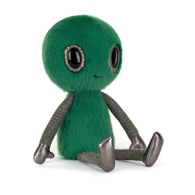 Zyllan Alien green plush toy with black eyes on a white background