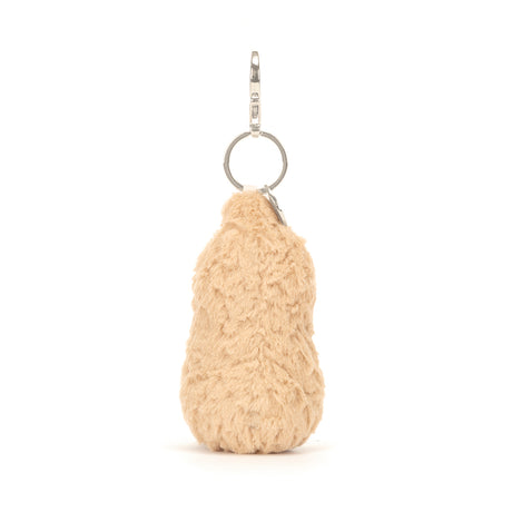 Soft plush peanut-shaped charm with beige fur texture attached to a silver keyring and clasp, perfect to accessorize bags, labeled Peanut Bag Charm.