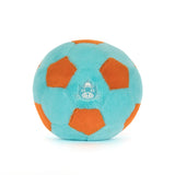 Soft plush ball in bright turquoise and orange colors featuring a subtle smiling character face called Amuseables Jellycat Soccer Ball.