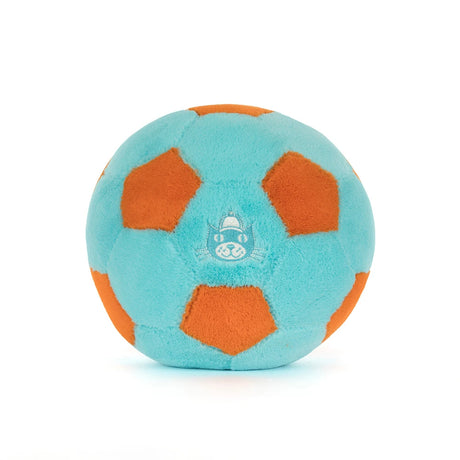 Soft plush ball in bright turquoise and orange colors featuring a subtle smiling character face called Amuseables Jellycat Soccer Ball.