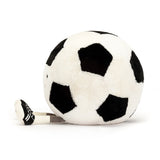 Soft plush toy shaped like a classic black and white soccer ball with attached small legs wearing black and white shoes, called Amuseables Sports Soccer Ball.