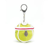 Sports Tennis Bag Charm featuring a small plush tennis ball with a white and red headband, attached to a silver clasp for easy bag or keychain decoration.