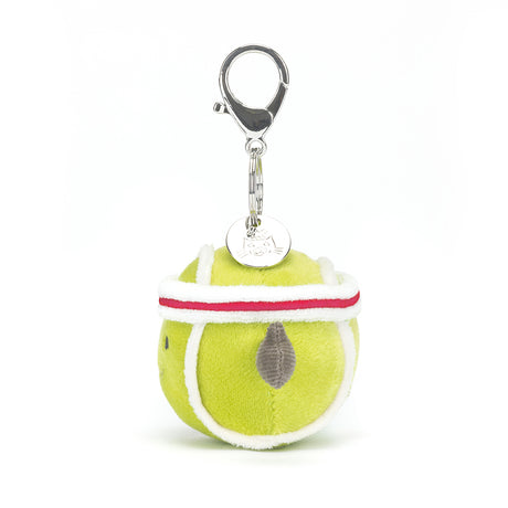 Sports Tennis Bag Charm featuring a small plush tennis ball with a white and red headband, attached to a silver clasp for easy bag or keychain decoration.