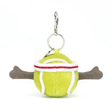 Soft plush tennis ball with white and red stripes, featuring extended brown plush arms, attached to a metal keyring for use as a Sports Tennis Bag Charm.