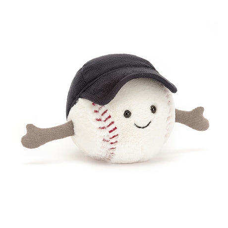 Amuseables Sports Baseball plush toy featuring a smiling baseball character with stitched details, outstretched arms, and a soft black cap, perfect for kids and baseball fans.