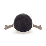 Soft plush toy resembling a baseball with dark top, white bottom, and outstretched brown arms, designed as Amuseables Sports Baseball for kids and collectors.