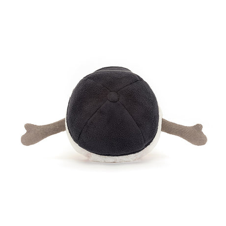 Soft plush toy resembling a baseball with dark top, white bottom, and outstretched brown arms, designed as Amuseables Sports Baseball for kids and collectors.