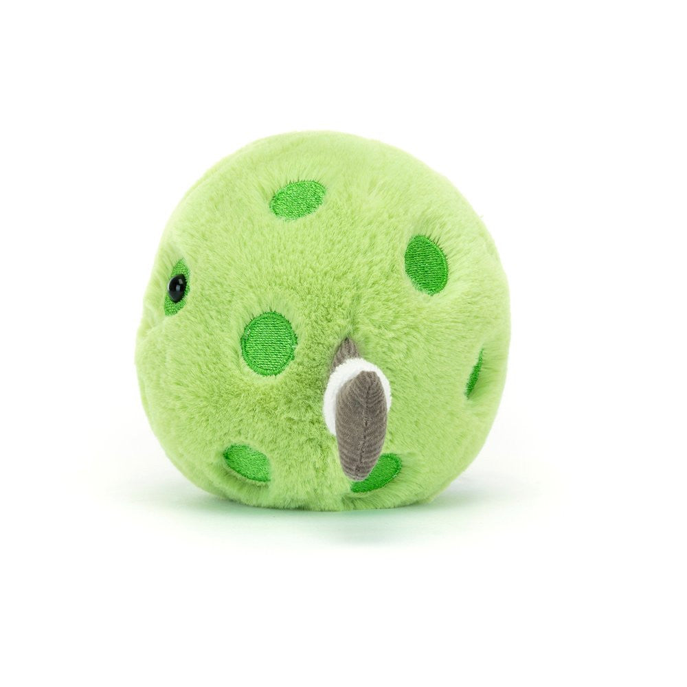 Soft, round plush toy resembling a bright green pickleball with green dots and a small gray paddle detail, designed as Amuseables Sports Pickleball for playful fun and decor.