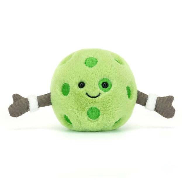 Amuseables Sports Pickleball plush toy with a smiling green ball design, arms outstretched, and playful green spots, perfect for kids and toy lovers.