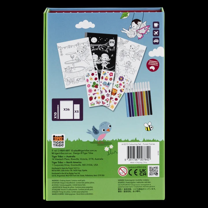 Back view of Colouring Set - Forest Fairies packaging with illustrations and text.