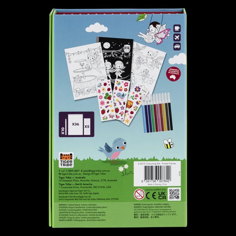 Back view of Colouring Set - Forest Fairies packaging with illustrations and text.