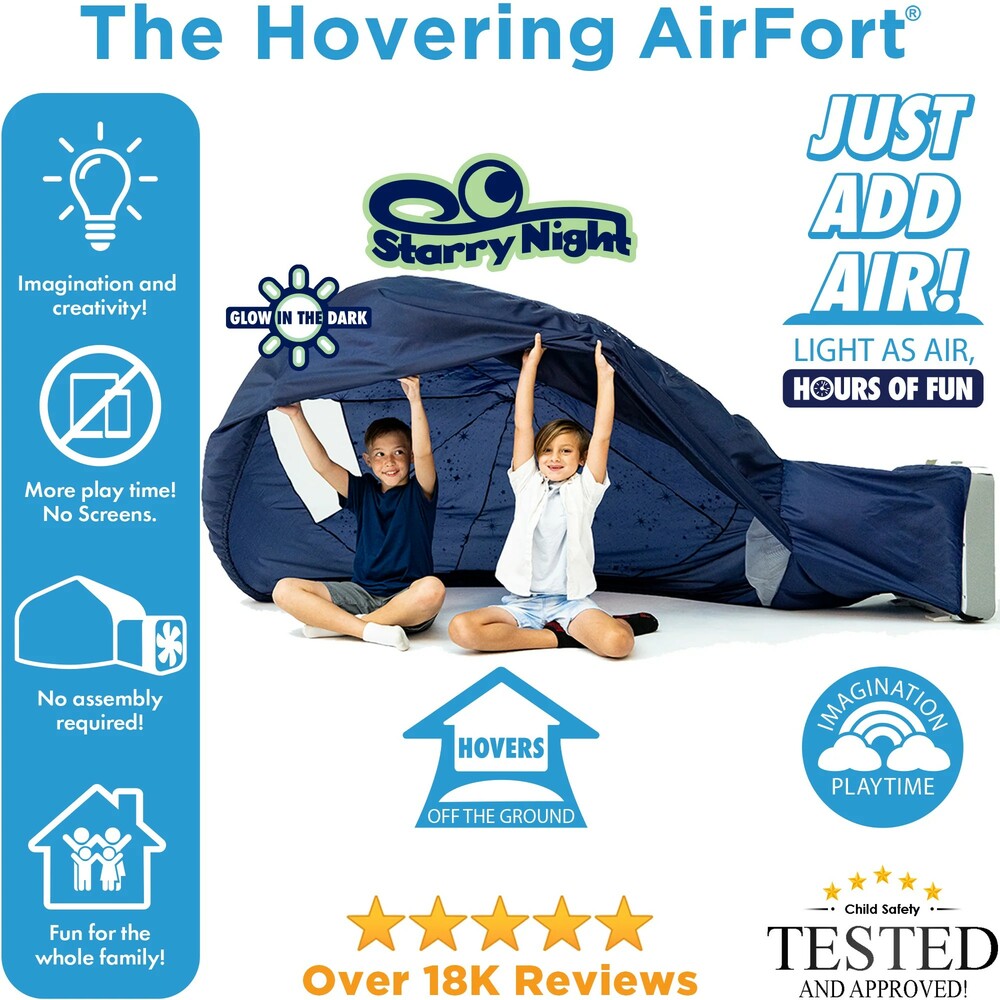 Hovering AirFort tent with children playing inside, surrounded by product features and branding.