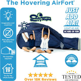 Hovering AirFort tent with children playing inside, surrounded by product features and branding.