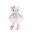 Plush Albertina the cat wearing a pink tutu and ballet slippers on a white background 
