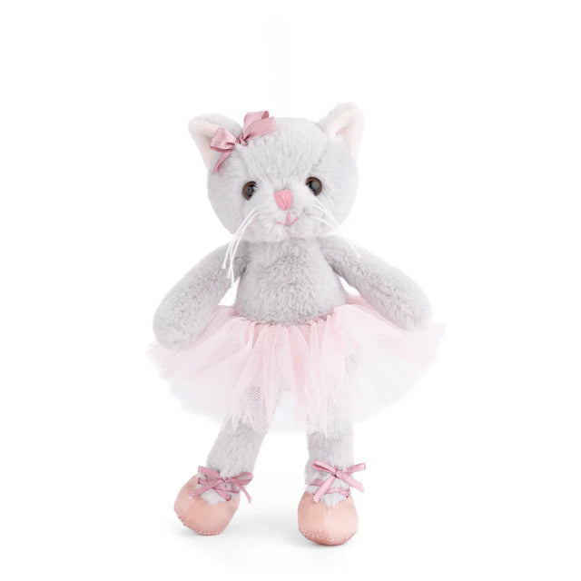 Plush Albertina the cat wearing a pink tutu and ballet slippers on a white background 