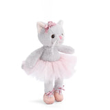 Plush Albertina the cat wearing a pink tutu and ballet slippers on a white background 