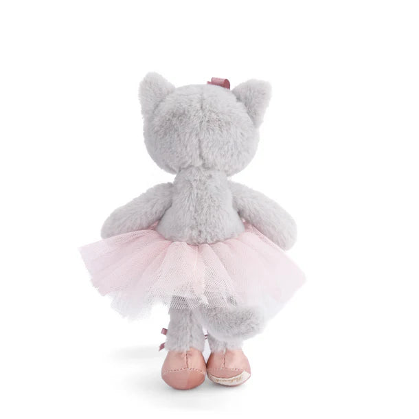 Plush Albertina the cat wearing a pink tutu and ballet slippers on a white background 
