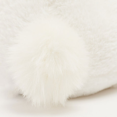 Close-up of the soft, fluffy tail detail on the Bashful Luxe Bunny Luna plush, showcasing its luxurious white fur texture designed for cozy comfort.