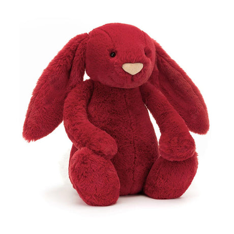 Bashful Luxe Bunny Scarlett Huge is a soft, plush red stuffed bunny with long ears and a friendly expression, perfect as a cozy toddler toy or kid’s gift.