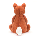 Plush brown fox sitting with its back facing forward, featuring a white tail tip, soft texture, and labeled as Bashful Fox Cub Really Big stuffed animal.