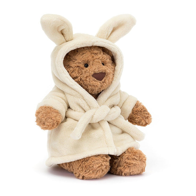 Bartholomew Bear Bathrobe Outfit wearing a cream robe on a white background