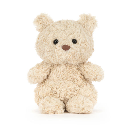 Small beige Bartholomew Bear Junior on a white background