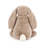 Back view of a large, soft plush toy in beige with long floppy ears and a white fluffy tail, named Bashful Beige Bunny Large, perfect as a toddler toy or stuffed animal gift.