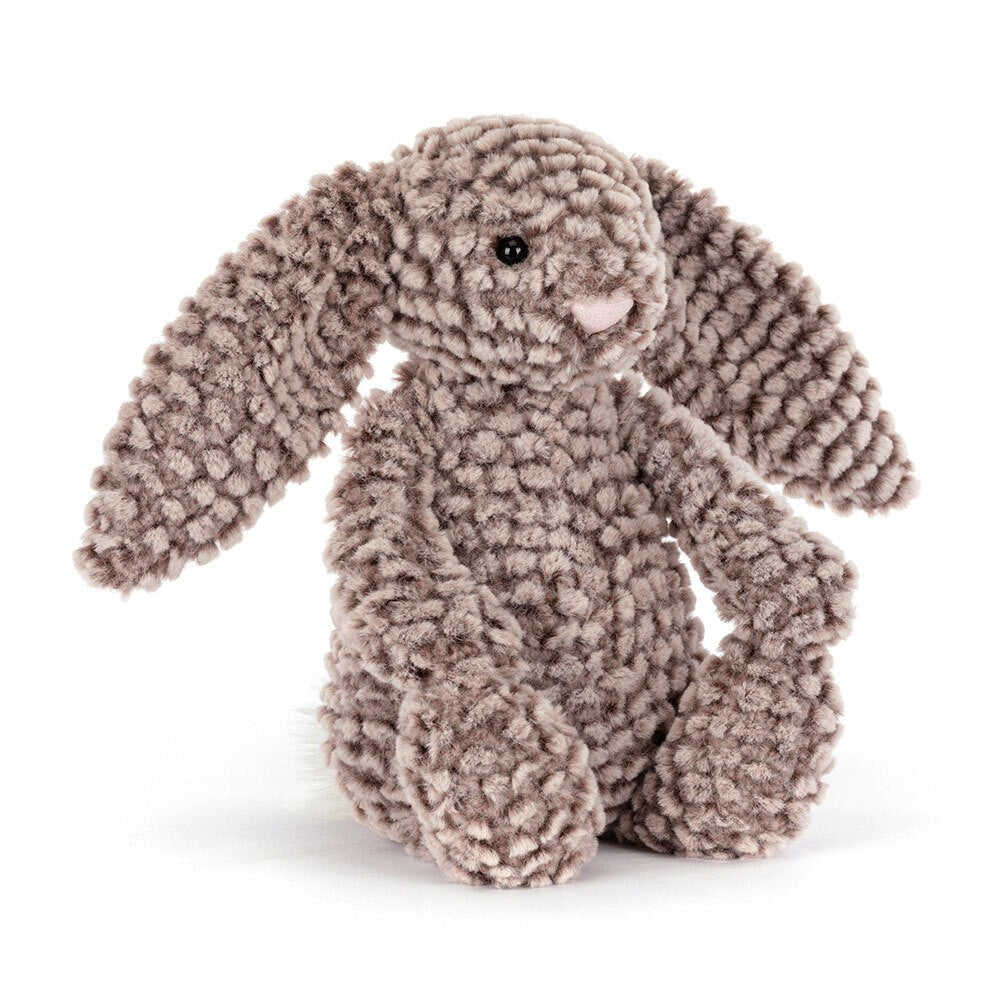 Soft and cuddly textured plush bunny with long floppy ears and a gentle expression, perfect as a comforting companion for children, named Bashful Luxe Bunny Pine.