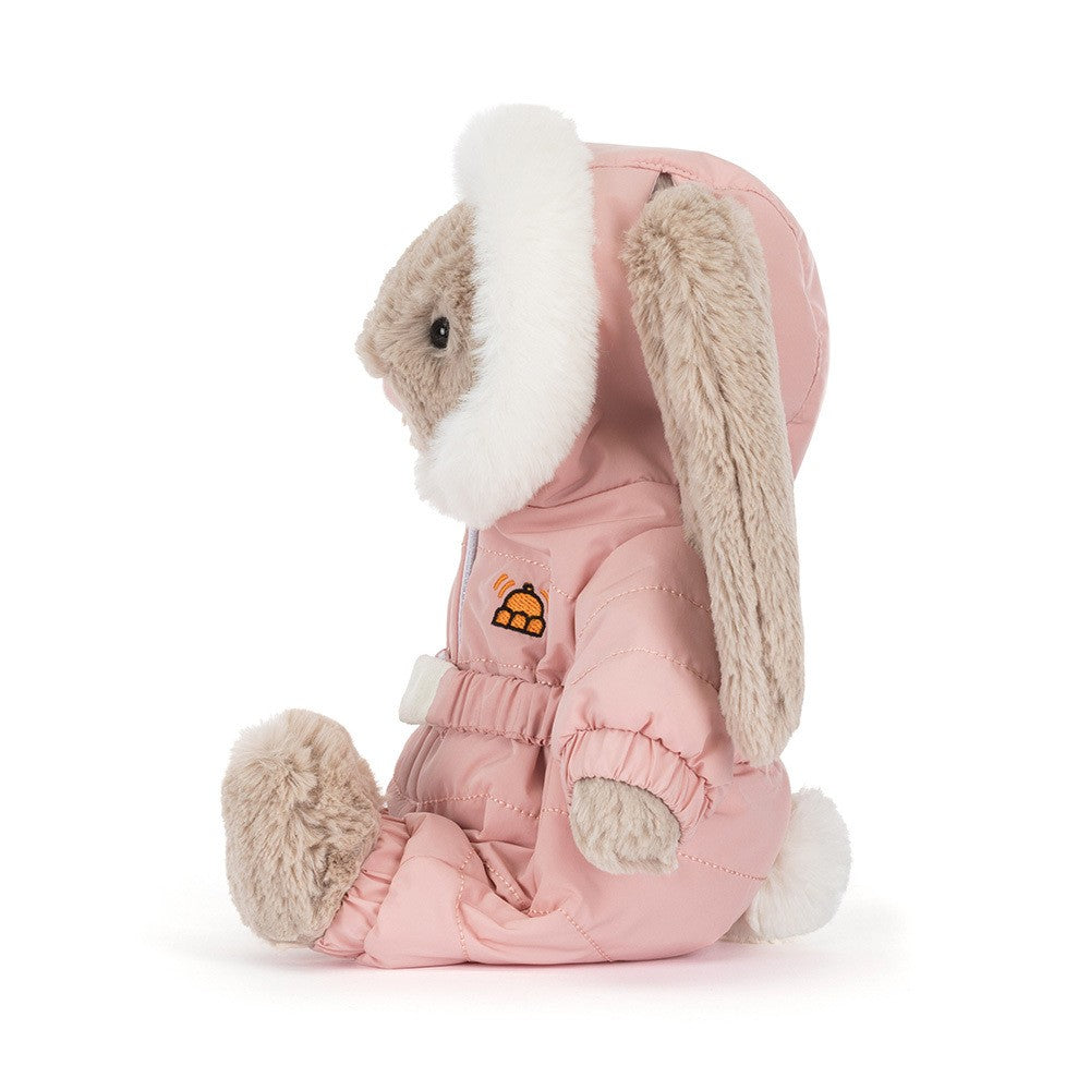 Soft plush Bashful Bunny toy dressed in a cozy pink Bashful Bunny 'Snow Suit' with faux fur trim, perfect for a child's winter companion or gift.