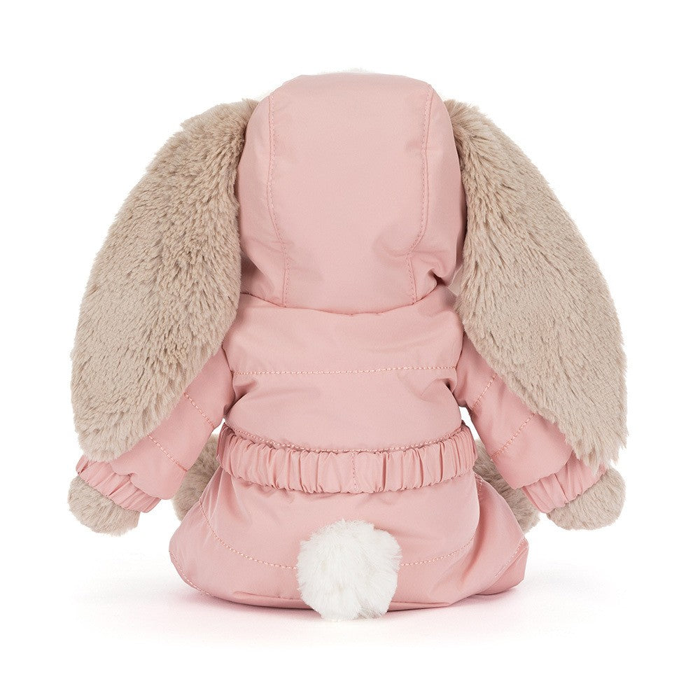 Back view of Bashful Bunny 'Snow Suit' in soft pink with plush beige bunny ears and a fluffy white tail, designed for a cozy and adorable appearance.