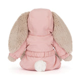 Back view of Bashful Bunny 'Snow Suit' in soft pink with plush beige bunny ears and a fluffy white tail, designed for a cozy and adorable appearance.