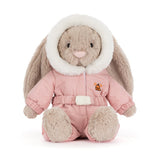 Bashful Bunny 'Snow Suit' features a soft plush bunny wearing a cozy pink snowsuit with a fluffy white hood, perfect as a cuddly toddler toy or kid's gift.