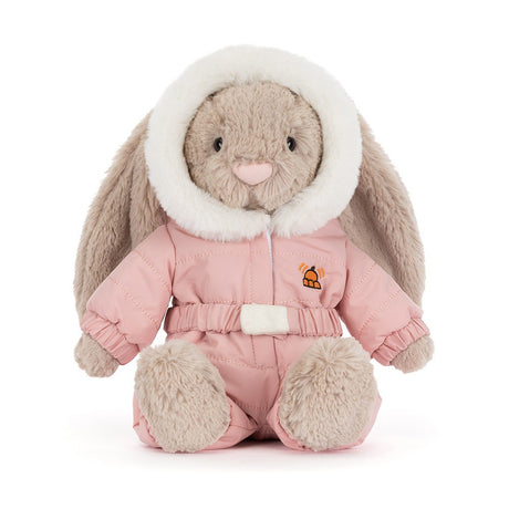 Bashful Bunny 'Snow Suit' features a soft plush bunny wearing a cozy pink snowsuit with a fluffy white hood, perfect as a cuddly toddler toy or kid's gift.