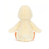 Soft plush Bashful Duckling toy showing its back with pale yellow colored fur and orange feet, perfect as a cuddly stuffed animal for toddlers.