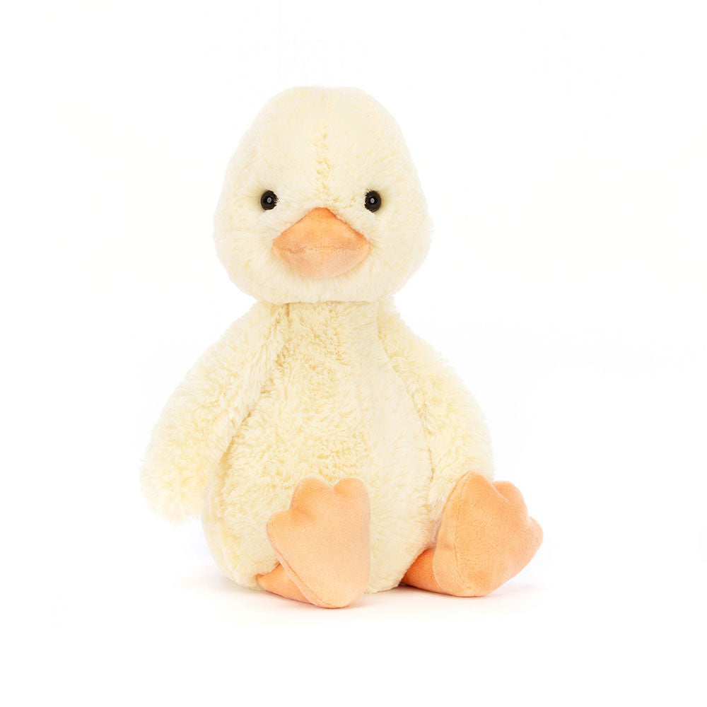Bashful Duckling plush toy in soft yellow fabric with orange beak and feet, designed as a cuddly stuffed animal perfect for toddlers and young children.