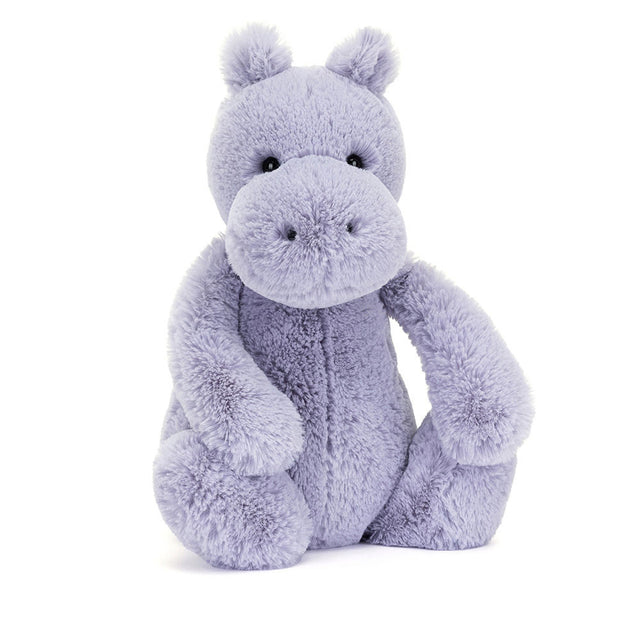 Bashful Hippo is a soft, lavender plush stuffed animal with a friendly expression, perfect as a cuddly toddler toy or children's gift.